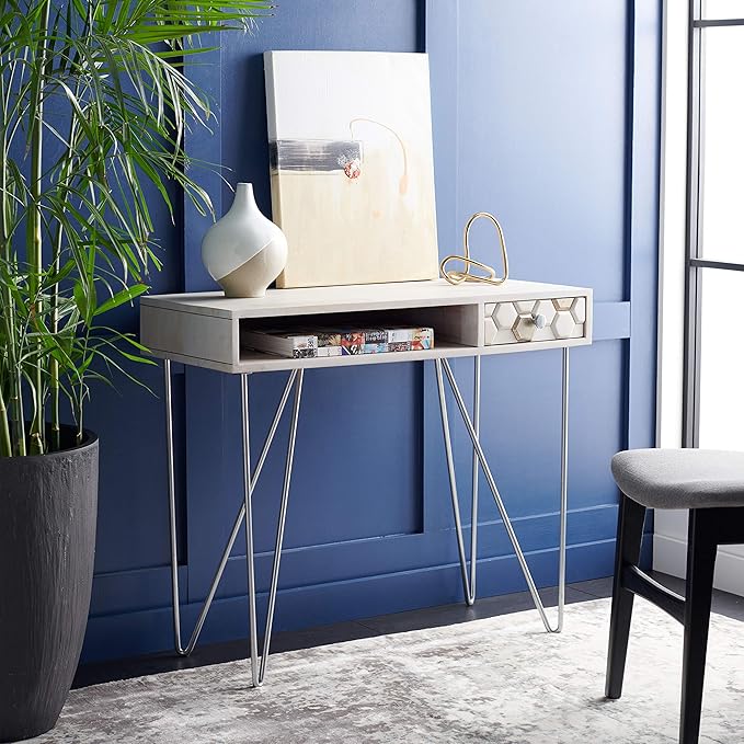 SAFAVIEH Home Office Collection Raveena White Wash and Silver 1-Drawer Hairpin Leg Desk