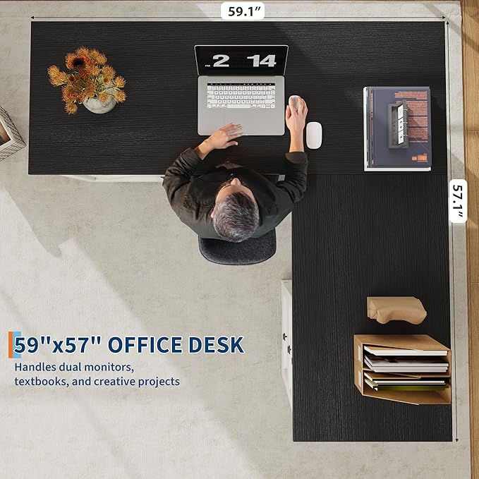 60 L Shaped Executive Desk Farmhouse Style Home Office Corner Computer Desk with File Drawers and Adjustable Side Storage Cabinet Black