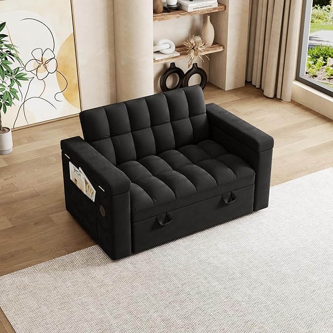 Dreamzie 65'' Wide 3 in 1 Convertible Sleeper Sofa Bed Pull Out Couch for Living Room with Hidden Laptop Desk Loveseat Sleeper with Side Pocket | Adjustable Backrest | USB Port (Fabric Black)