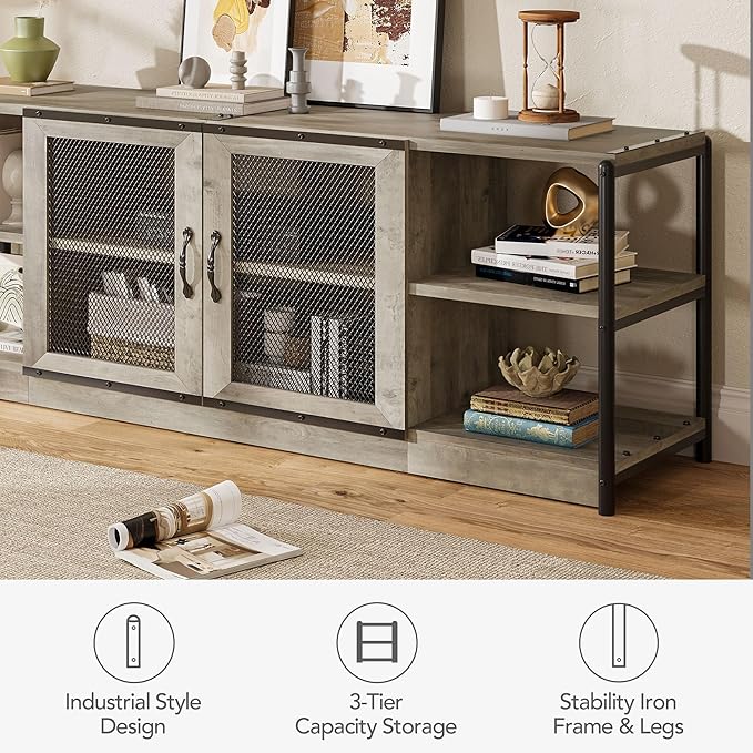 IDEALHOUSE Farmhouse TV Stand for 75/80 inches TVs Entertainment Center with Storage Cabinet Industrial Media Console Cabinet Table Living Room Media Furniture Grey