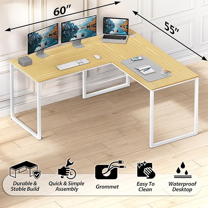SHW Mission 55 x 60 Inches L-Shape Home Office Computer Desk Oak