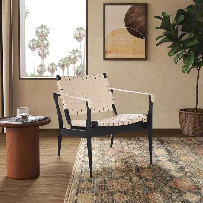 SAFAVIEH Couture Collection Dilan Black Solid Wood/White Genuine Leather Safari Chair (Fully Assembled)