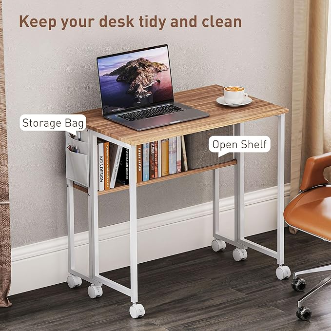 HOMCOM Small Folding Desk Rolling Computer Desk Foldable with Storage Bag and Shelf 31.5 Portable Writing Table on Wheels for Small Spaces Home Office Study Easy Assembly Natural Wood