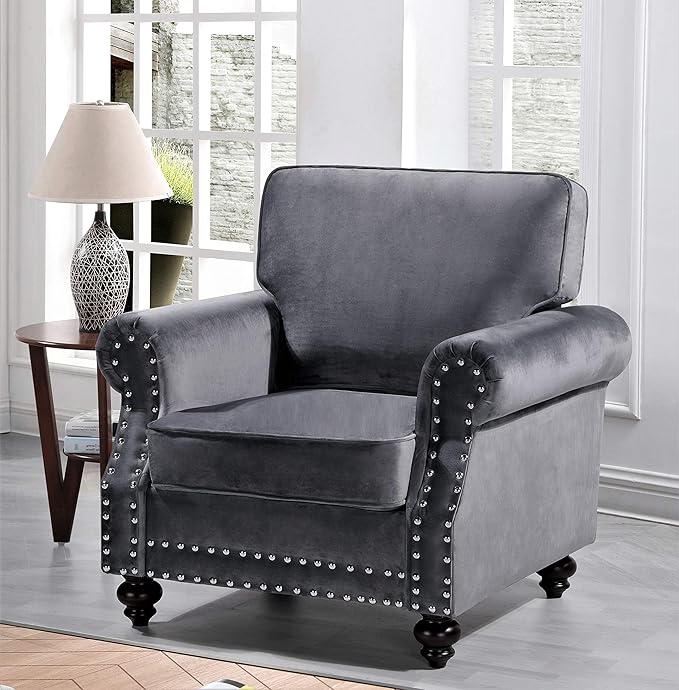Lotus Mid Century Modern Velvet Upholstered Living Room Rolled Arms Chair 38 Grey
