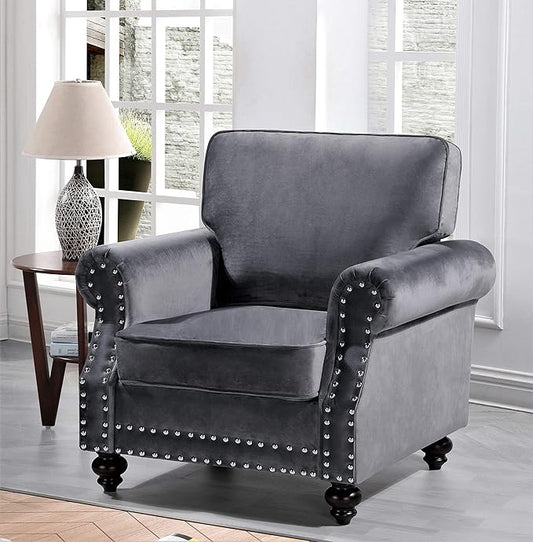 Lotus Mid Century Modern Velvet Upholstered Living Room Rolled Arms Chair 38 Grey