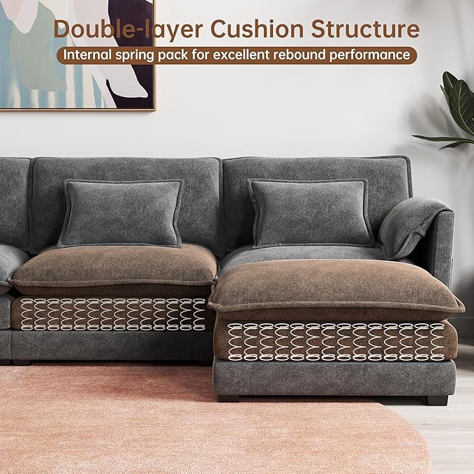 Modular Sectional Sofa 111'' L Shaped Couch Chenille Sofa with Movable Ottoman for Apartments Living Room and Commercial Space Dark Gray