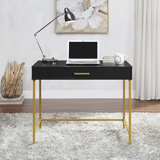 OSP Home Furnishings Modern Life Contemporary Writing Desk with Large Drawer and Gold Metal Legs Black Finish
