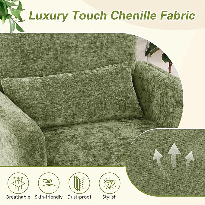 LSSPAID Modern Accent Chairs Chenille Fabric Armchairs for Living Room Comfy Upholstered Leisure Single Sofa Chair with Lumbar Pillow for Bedroom Balcony Office (Green Set of 1)
