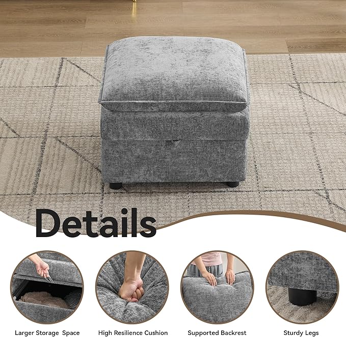 27 Large Square Ottoman with Storage Modern Upholstered Footrest with Anti-Slip Legs for Couch Coffee Table Living Room Bedroom Entryway Chenille Light Grey