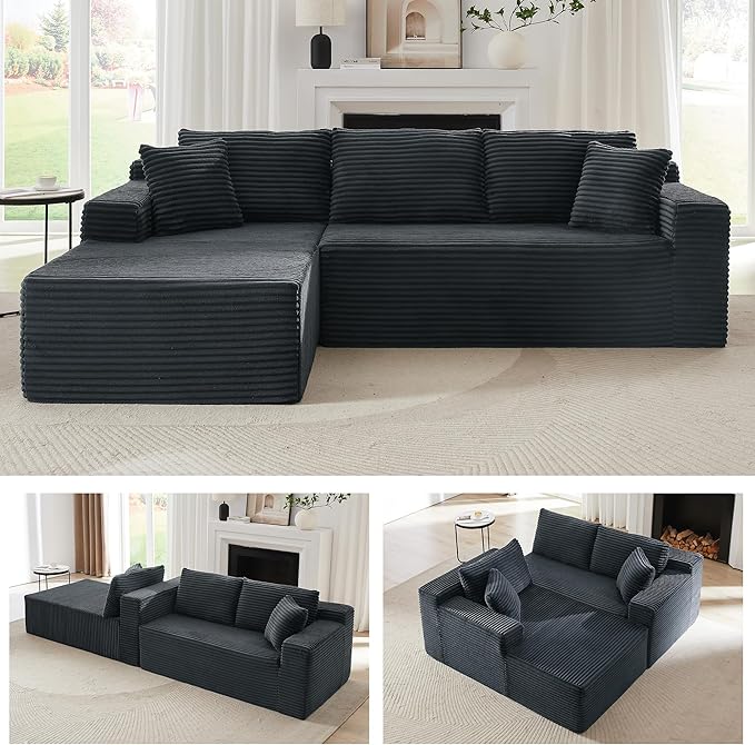 Aoowow 103.2 L-Shaped Cloud Sectional Sofa with Deep Seat Corduroy Modular 4 Seat Couches Sleeper Sofa for Living Room Bedroom Apartment No Assembly Required Dark Grey
