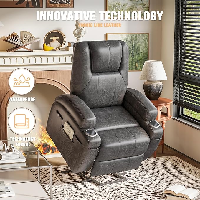 Flamaker Power Lift Recliner Chair Electric Lift Recliner for Elderly Power Lift Recliner Chair with Cup Holders Side Pockets for Living Room (Leathaire Light Black)