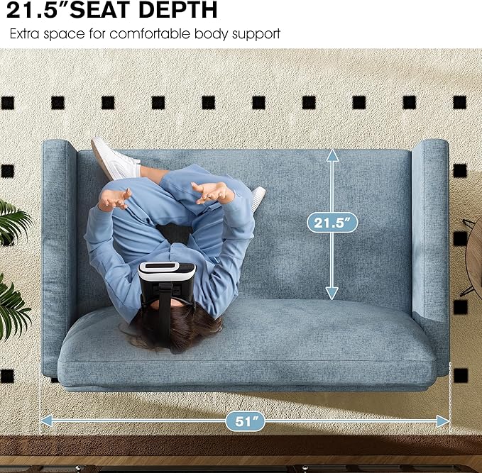 51 Loveseat Sleeper Sofa Bed Chenille Convertible Floor Sofa Bed for Small Spaces Folding Couch Bed with Deep Seat 2 Pillows &amp Solid Frame Pull Out Couch for Living Room Light Blue