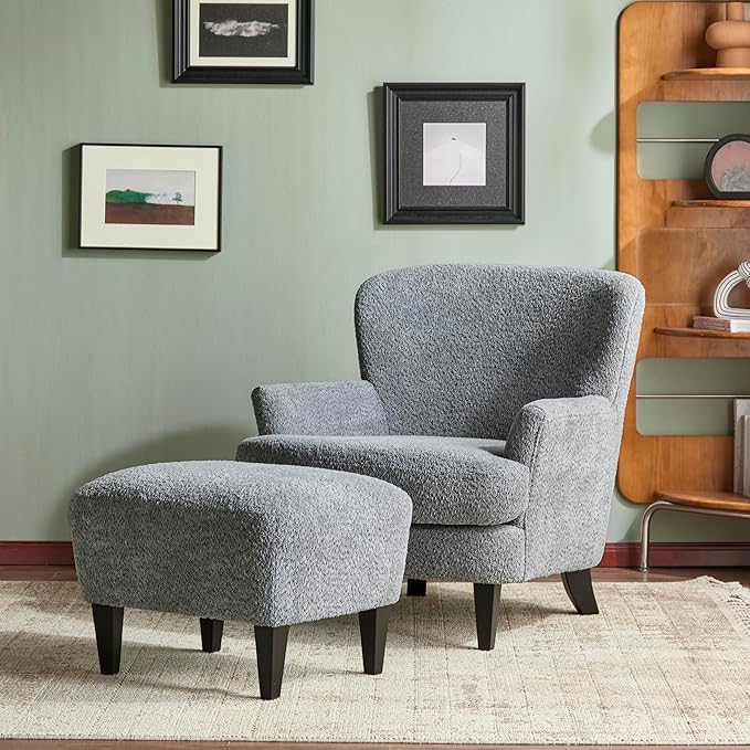 Christopher Knight Home Winnie Boucle Upholstered Wingback Accent Chair and Ottoman Footrest Living Room Lounge Chair and Ottoman Set Bedroom Comfy Reading Chair with Footrest Stool Dusty Blue