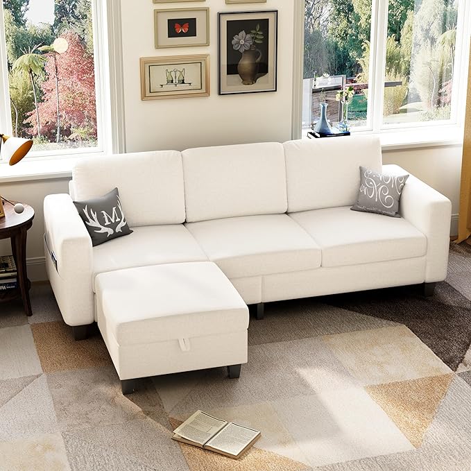 78 Sectional Sofa Couches for Living Room Beige Convertible L Shaped Couch with Storage Ottoman Deep Seat Pet-Friendly Linen Fabric Sofa Set for Small Space Apartment Dorm