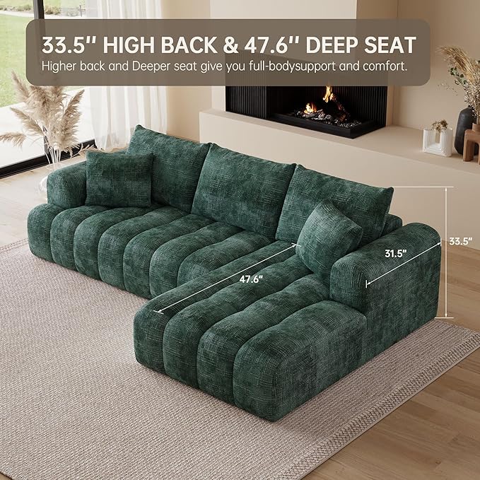 108 Cloud Sectional Couches for Living Room Boneless L-Shaped Sofa with Pillow 3 Seater Modular Sectional Sofa (Dark Green)