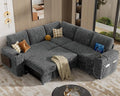 Vipbear 86 Modular Sectional Sleeper Sofa with Pull Out Bed 5 Seat Chenille L Shaped Couch with USB Ports|Cup Holders|Side Table|Storage Seat Armrests Tool Free Assembly Grey