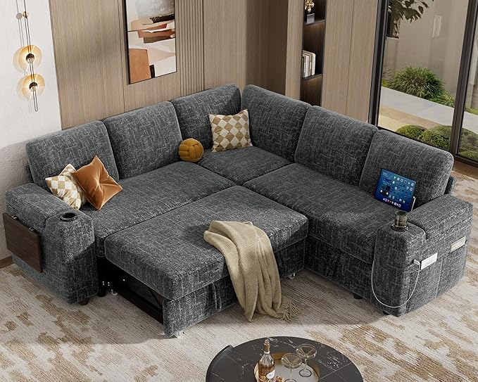Vipbear 86 Modular Sectional Sleeper Sofa with Pull Out Bed 5 Seat Chenille L Shaped Couch with USB Ports|Cup Holders|Side Table|Storage Seat Armrests Tool Free Assembly Grey