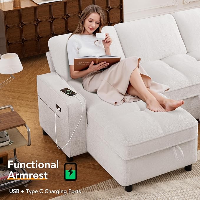 Sunny Heart Sleeper Sofa Bed 105 U Shaped Couch Sleeper Sofa Pull Out Couch Bed with Reclining Backrest | Double Storage Chaise | USB Ports | Side Pockets | Tool-Free Assembly | Chenille Beige