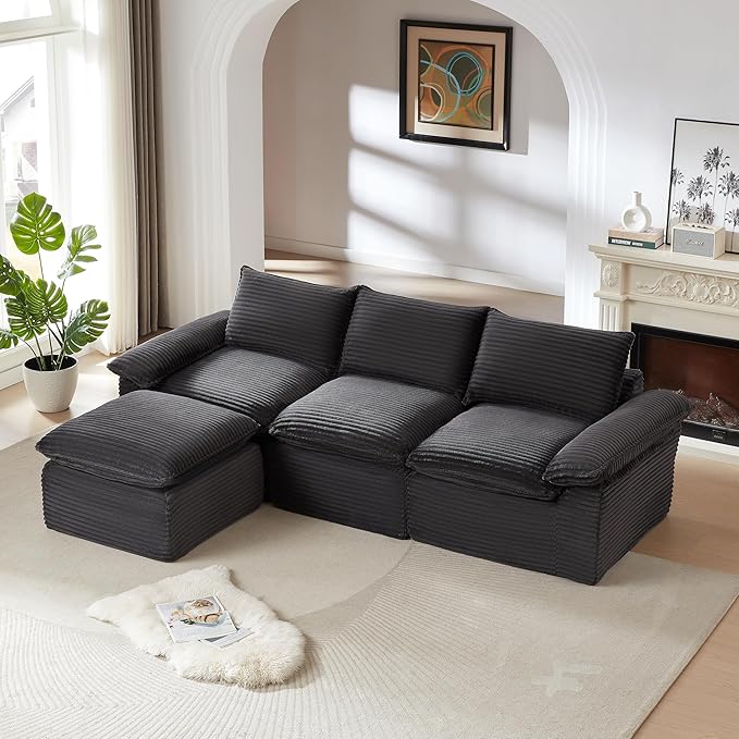 KEIKI 111 L-Shaped Oversized Corduroy Modular Sectional Sofa with 1 Ottoman &amp High-Density Foam Cushion &amp Pillows Upholstered Modern Cloud 3-Seater Couch Easy Assembly for Living Room Dar