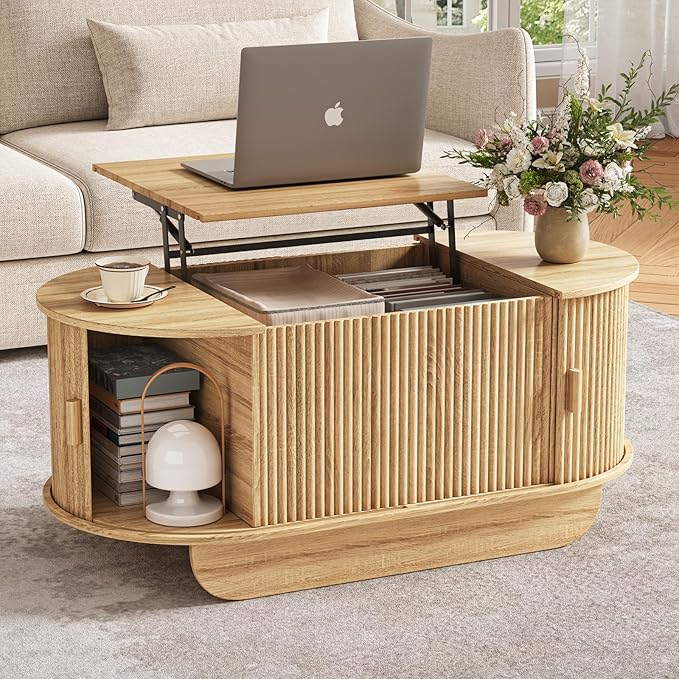 Fluted TV Stand and Coffee Table Set of 286.61'' TV Console for 55-85 InchModern Entertainment Center with Large Storage CabinetLift Top Coffee Table for Living Room Bedroom Natural