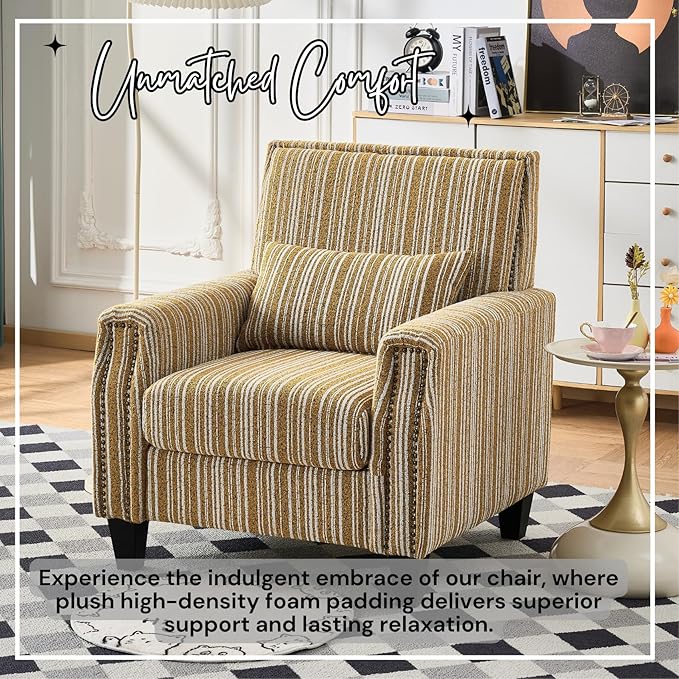 Stripes Accent Chair Modern Upholstered Boucle Fabric Armchair Single Sofa with Wood Legs for Living Room Patio Yellow Stripes.