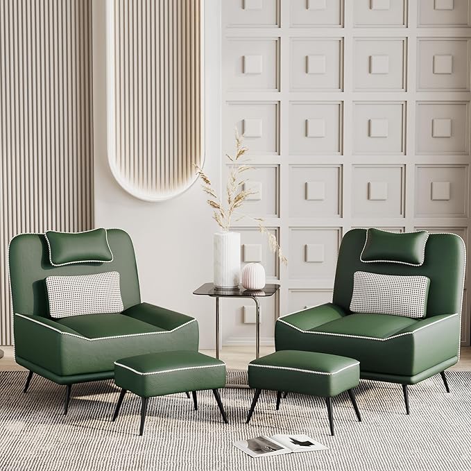 ALISH Modern Accent Chair with Ottoman Upholstered Chair and Ottoman Set Comfort Single Sofa Chair with Removeable Cushion for Living Room Bedroom(Green)