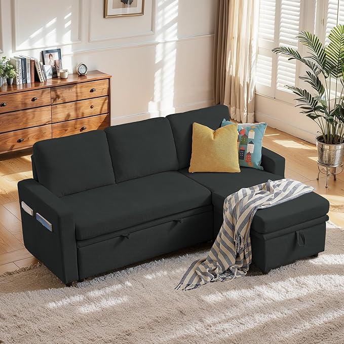 79 Sleeper Sofa Bed Convertible Sofa Pull Out Couch with Storage | Reversible Chaise | L Shaped | Layered Storage | 3-Seater Comfy Sectional Couch Pullout Bed for Living Room Black