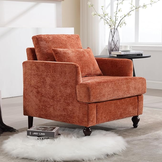 Modern Accent Chair 29'' W Comfy Chenille Tufted Lounge Armchair for Living Room Upholstered Mid Century Reading Nook Chairs Single Sofa Chair Solid Wood Frame (Orange)