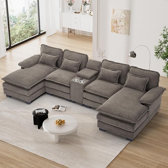 124 U Shaped Cloud Couch Sectional Sofa Fluffy Modular Couches for Living Room Oversized Modern Plush Chenille Sectional Couch Set Cloud Sofa with Central Console USB Ports Cup Holder Stone Grey