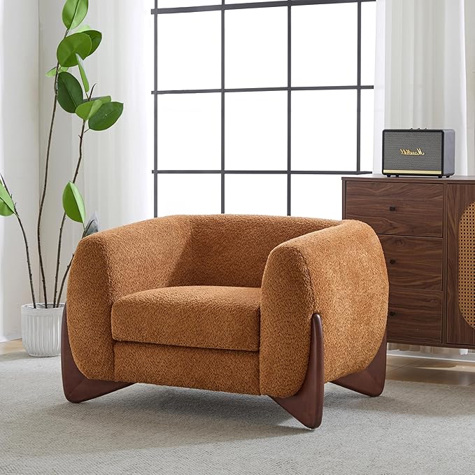 Christopher Knight Home Holly Modern Boucle Fabric Upholstered Club Chair for Living Room Home Office Apartment Relaxing Chair with Removable Cushion and Birch Wood Legs Caramel Brown + Walnut