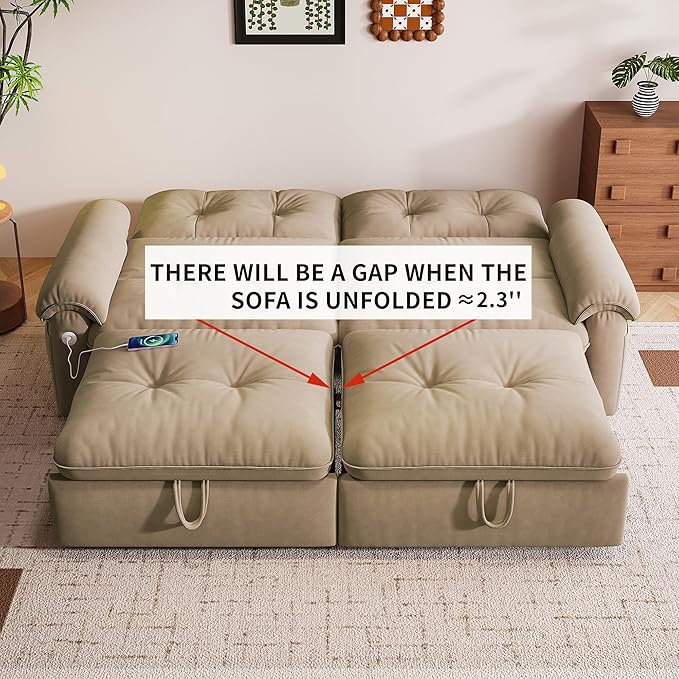 77 Queen Size Sofa Bed Loveseat Sleeper Sofa with Pull Out Bed Pockets and USB Velvet Fabric 2 Seater Convertible Small Couch for Living Room Bedroom Apartment Light Brown
