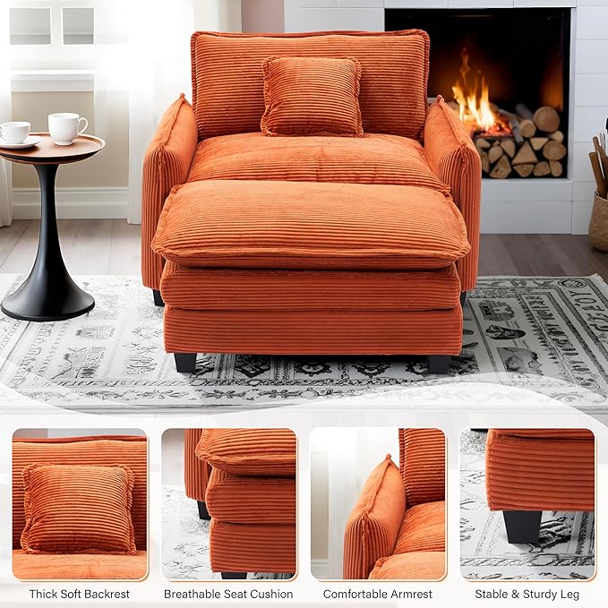 46 W Oversized Chair with Ottoman - Comfy Accent Chair and Ottoman Set Corduroy Large Armchair with Extra Thick and Deep Seat Cloud Chaise Lounge for Living Room (Orange Red)