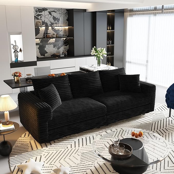 82.7 Oversized Cloud Couch Convertible 3 Deep Seat Upholstered Sofa Couch 2 in 1 Plush Corduroy Sofa with 5 Soft Pillows Modern Modular Sectional Couches for Living Room Apartment Black