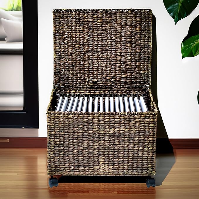 Trademark Innovations Rolling File Box Wicker File Cabinet Hanging File Baskets Water Hyacinth Storage Basket (Brown)