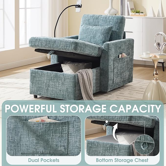 HOMEFUN Sleeper Chair Bed Lazy-Friendly Indoor Chaise Lounge with Storage Cell Phone Bracket Multifunctional Sofa for Bedroom Living Room Small Space Adults