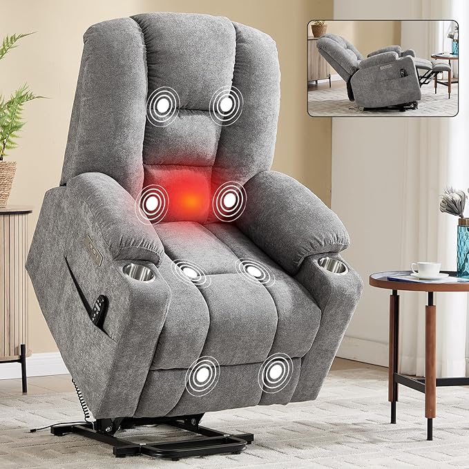 Power Lift Chair with Massage &amp Heat Electric Recliner Chairs for Adults Remote Control Sofa for Living Room Standing Assistance USB Ports Stainless Steel Cup Holders (Light Grey)
