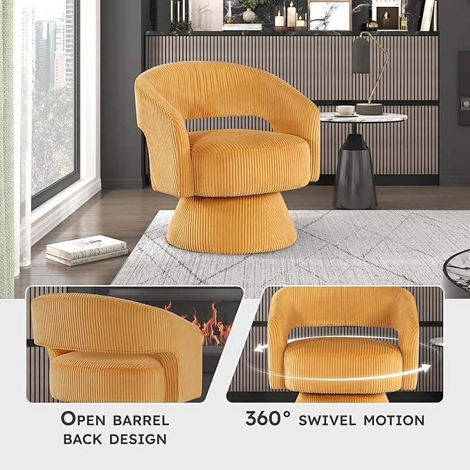 Lexicon 360 Degree Swivel Accent Chair Modern Comfy Corduroy Round Barrel Chair Open Back Plush Foam Cushions Metal Swivel Base for Living Room/Bedroom/Office Yellow