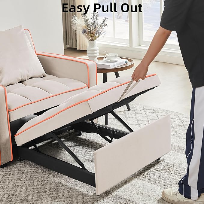 3 in 1 Convertible Sleeper Sofa Chair 35 Pull Out Sofa Bed Recliner for Adult with Adjustable Backrest Velvet Fabric Sleeper Couch Single Modern Chair for Living Room Bedroom Cream White