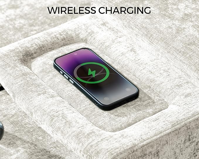 Versatile Console for Olar Oversized Modular Couch Fuctional Side Table Wireless Charging Outlets Cup Holders Storage Drawer Combined with Sofa Seat by U-connectors Chenille White
