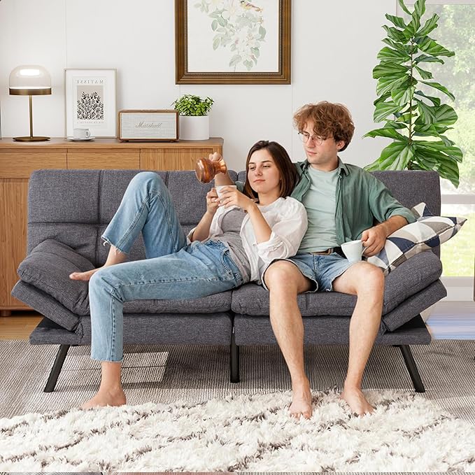MUUEGM Futon Sofa Bed 71 Comfortable Memory Foam Futon Sofa with Adjustable Backrest &amp Armrests Convertible Loveseat Recliner Sleeper Sofa Bed for Compact Living Room Apartment Office Grey