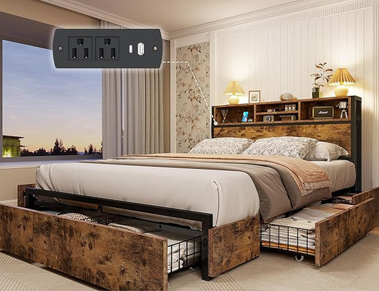 EnHomee Full Size Bed Frame with 6 Storage Drawers Full Bed Frame with Headboard with Charging Station No Noise No Box Springs Needed Vintage Brown