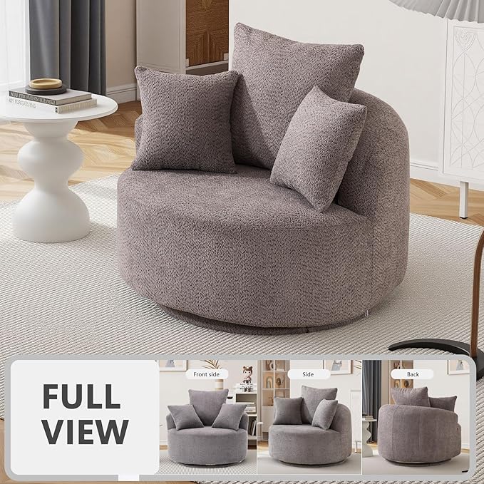 360°Swivel Accent Barrel Chair - 38.6W Boneless Oversized Upholstered with 3 Removable Pillows High-Resilience Sponge &amp Tuck Stitch Fabric Comfy Round Sofa Chair for Living Room Bedroom Apartm