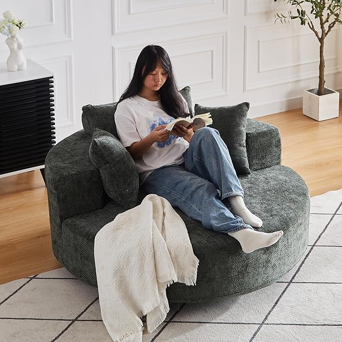 Oversized 360° Swivel Accent Chair for Living Room Modern 55’’ Comfy Chenille Extra Wide &amp Deep Seat Round Barrel Chair with Overstuffed Cushions No Assembly Needed Slate Green