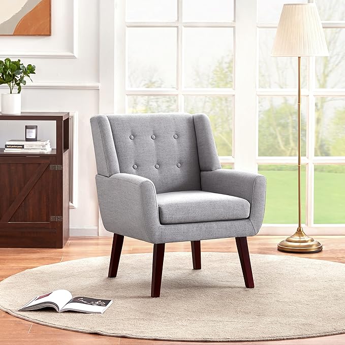 HUIMO Accent Chair Set of 2 Arm Chair Button Tufted Upholstered Reading Chair Linen Fabric Mid Century Modern Chairs for Bedroom Living Room Chair(2Light Grey)
