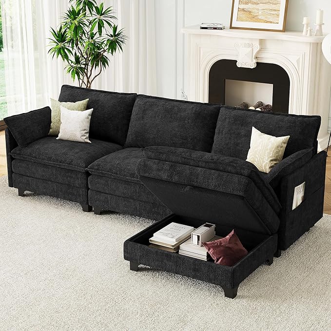 106 L Shaped Modern Modular Sectional Sofa Chenille Cloud Couch with Storage Ottoman Deep Seat Couches with Side Pocket for Living Room Bedroom and Apartment Dark Grey