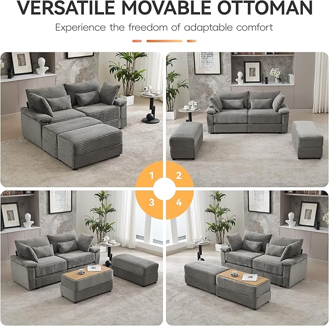 75 Corduroy Loveseat with Storage Ottoman Cloud Deep Seat Couch with Convertible Ottoman Coffee Table &amp USB Double Chaise Lounge for Living Room Grey
