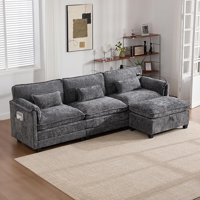 KEIKI 110 L-Shaped Boucle Modular Sectional Chenille Sofa with 1 Ottoman &amp Memory Foam Cushion &amp Phone Holder &amp USB Upholstered Modern Oversized 4-Seater Couch Easy Assembly for Living