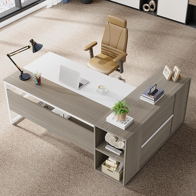 Tribesigns 71 inch Executive Desk L Shaped Desk with Cabinet Storage Executive Office Desk with Shelves Business Furniture Set Workstation for Home Office Gray and White