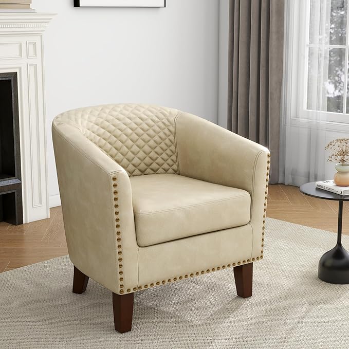 UIXE Faux Leather Accent Chair Barrel Club Chair Upholstered Armchair for Living Room Comfy Modern Round Arm Chair Bedroom Reading Seat - Beige