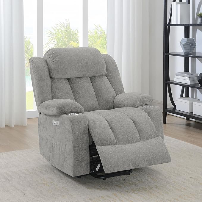 Coaster Home Furnishings - Houston - Fabric Upholstered Power Lift Recliner Chair with Built-in USB Port Cup Holders Power Panel with Simple Buttons - Living Room - Gray - 602284P
